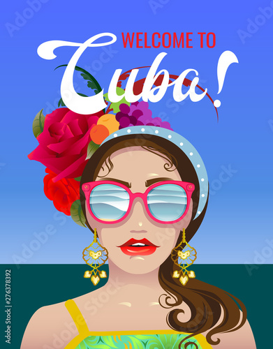 Cubano style girl in holiday carnival suite with rose flowers, fruits and feathers. Decorate poster design in vintage style.