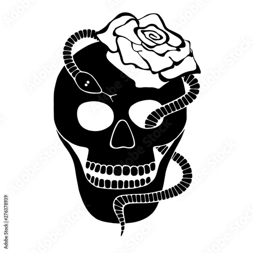 Vector black and white hand drawn illustration, skull with snake, rose tooth, silhouette face of human Print horror for t shirt Mexican style, day of the dead Mexico, halloween Sketch, tattoo drawing.