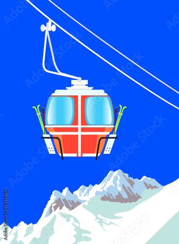 Snowboard and ski recreation poster design with cartoon style lift cabin and mountain landscape.