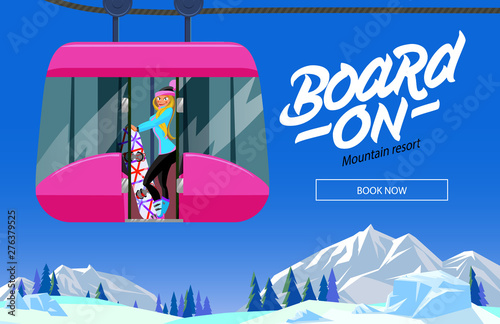 Snowboard and ski recreation poster design with cartoon style lift cabin and mountain landscape.