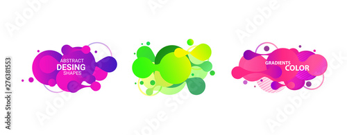 Abstract design shape set. Pink, purple and acid green fluid circles. Flux forms, flowing liquid isolated on white background. Vector template for banners, posters, covers