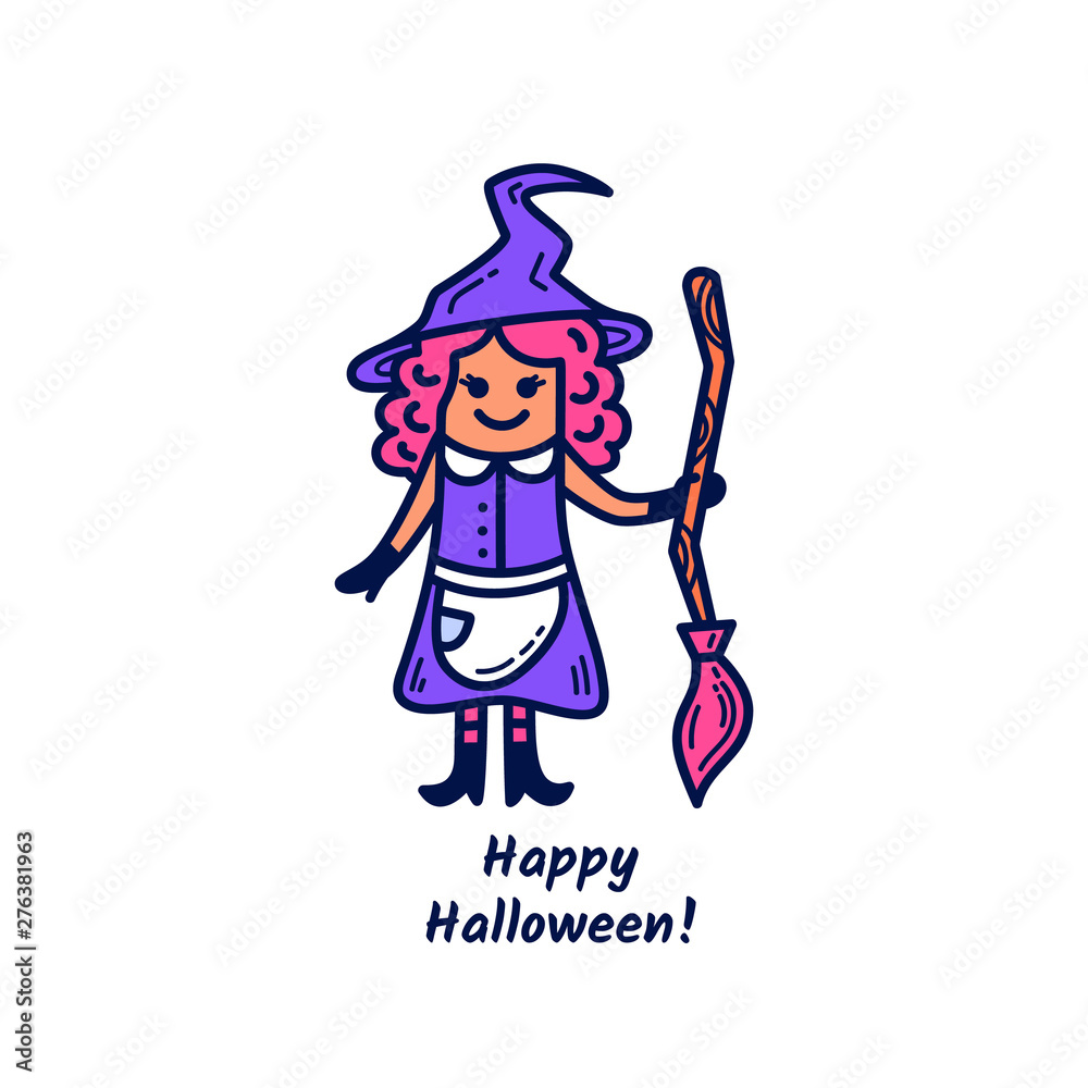 Cute witch with broomstick and with the phrase Happy Halloween. Cute witch with broomstick and with the phrase Happy Halloween.