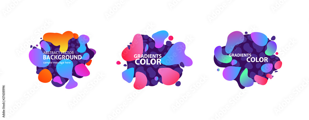 Abstract neon fluid shape set. Orange, purple, violet, blue, pink, red liquid forms. Gradient colors, text sample. Vector illustration for banners, posters, logos design