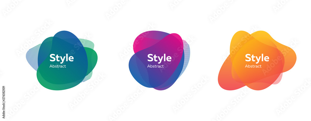 Abstract shape set. Blue, green, purple, orange fluid striped forms. Transparent layers, text sample, paper style, gradient colors. Vector illustration for brochure, poster, logo, label design