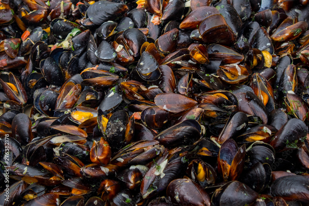 Fresh mussels at grill pan. Seafood barbecue outdoors. Close up of plenty cooked mussels at a street food festival. Fresh mussels at grill pan. Seafood barbecue outdoors. Close up of plenty cooked mussels at a street food festival.