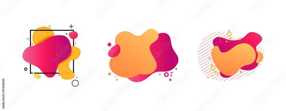 Flowing abstract splash set. Red and yellow blobs, hatched element, regular geometric square. Liquid shape, fluid forms. Vector illustration for banner, logo, label, presentation slide design Flowing abstract splash set. Red and yellow blobs, hatched element, regular geometric square. Liquid shape, fluid forms. Vector illustration for banner, logo, label, presentation slide design