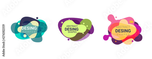 Flowing abstract geometric shape set. Violet, yellow, pink, purple, cyan elements. Transparent layers, liquid splashes, fluid forms. Vector illustration for banner, poster, logo, flyer design