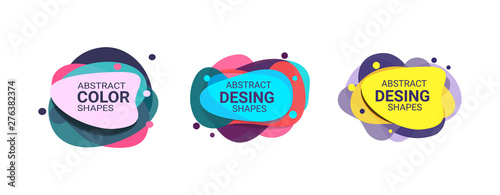 Flowing abstract geometric shape set. Lilac, cyan, yellow, red, pink, violet colors. Transparent layers, fluid elements, paper style. Vector illustration for banner, poster, logo, flyer design