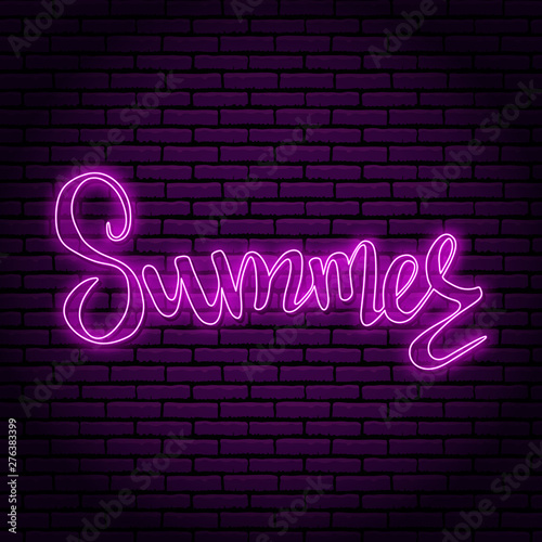 Neon sign with the word "summer" in purple colors against a brick wall.