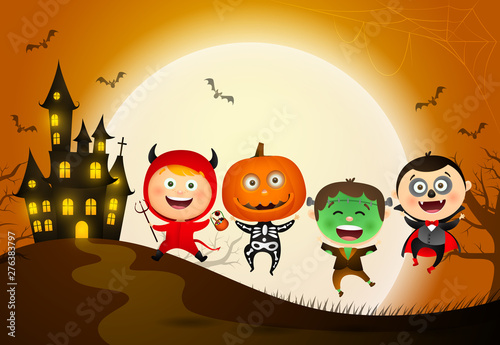 Children in Halloween costumes. Happy jumping monsters with big moon and castle in background. Can be used for topics like celebration, trick or treat, cartoon character
