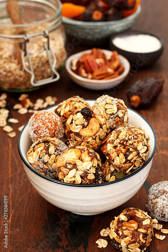 Raw vegan sweets, energy balls with dried fruits and nuts 