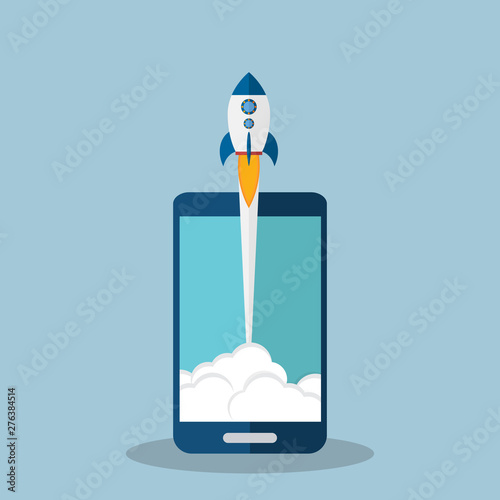 Startup vector concept, flat cartoon rocket launch, mobile phone or smartphone, idea of successful business project start up, boost technology, innovation strategy release