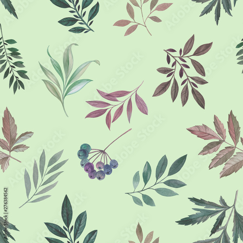 Seamless botanical watercolor pattern. Hand painted leaves of different colors on green background. © Sergei