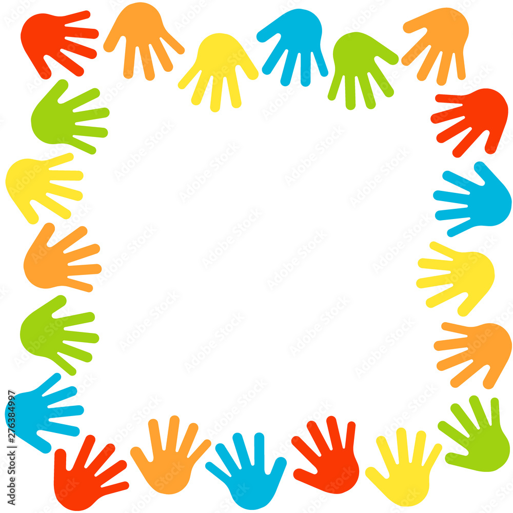 Hands border, palms frame. Multicolored handprints. Symbols of friendship, teamwork. Kids hands prints in paint. Vector illustration isolated on white background.
