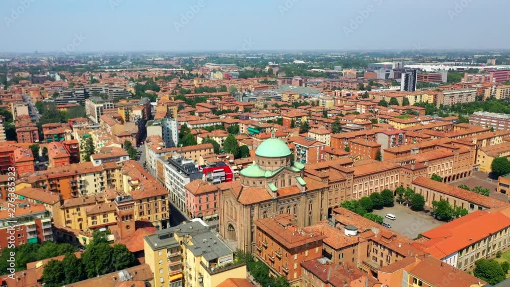 Aerial, view of the Church of the Sacred Heart of Jesus, in middle of Bologna city, on a sunny day, in Toscany, Italy Aerial, view of the Church of the Sacred Heart of Jesus, in middle of Bologna city, on a sunny day, in Toscany, Italy