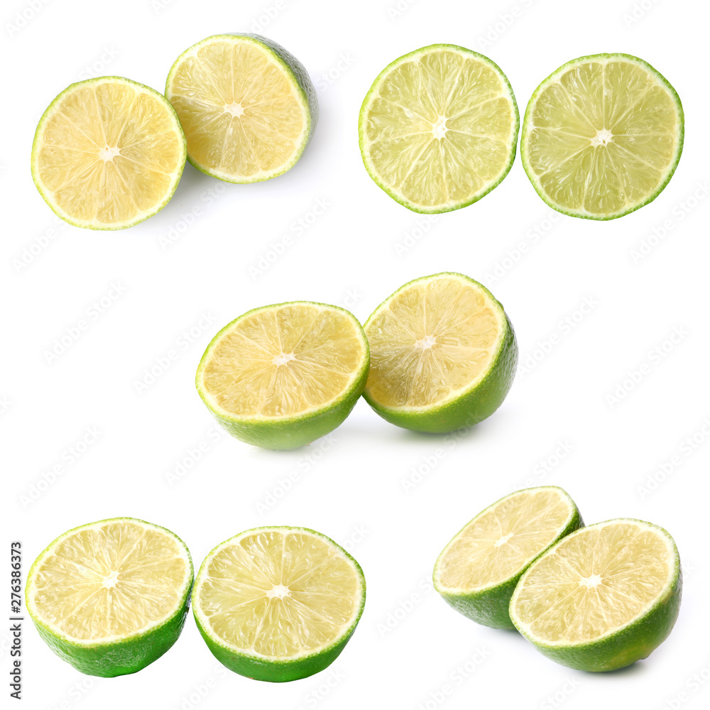 set of lime cut in half isolated on white background