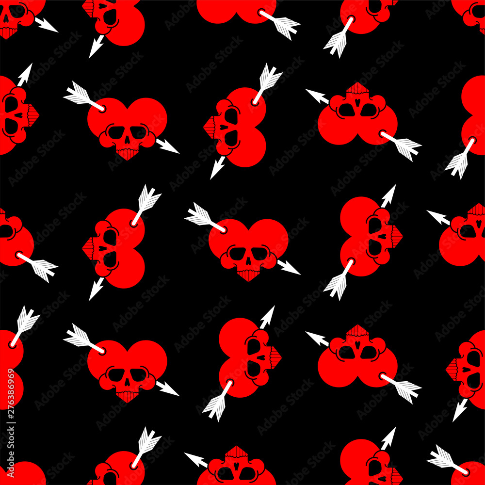 Skull love heart pattern seamless. Deadly amur background. Vector texture Skull love heart pattern seamless. Deadly amur background. Vector texture