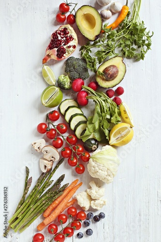 Healthy food. Selection of vegetables, fruits and berries for ketogenic diet, clean eating, plant based, vegetarian and super food concept.