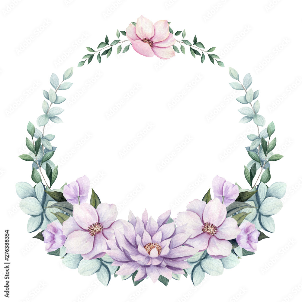Wreath with Watercolor Flowers and Little Leaves
