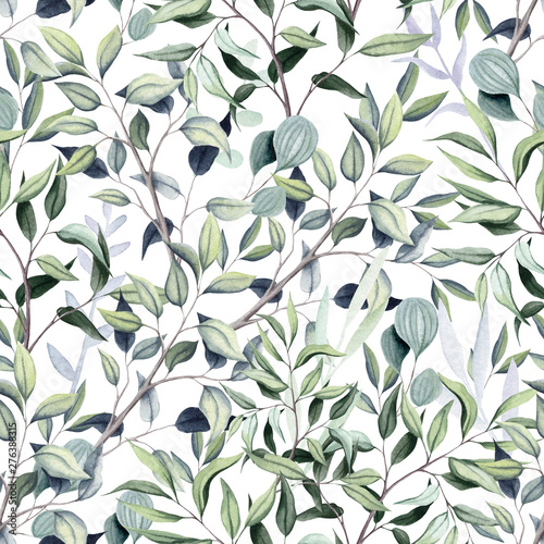 Seamless Pattern of Watercolor Branches and Foliage