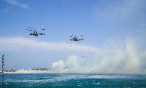 Air force of the black sea fleet of Russia on parade to the Day of the Navy, military helicopters and planes