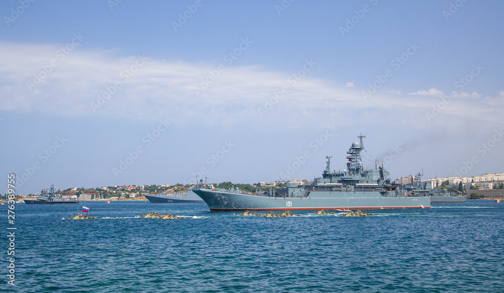 The black sea fleet of Russia parade on the Navy Day, the Navy of Russia, naval ships and submarines