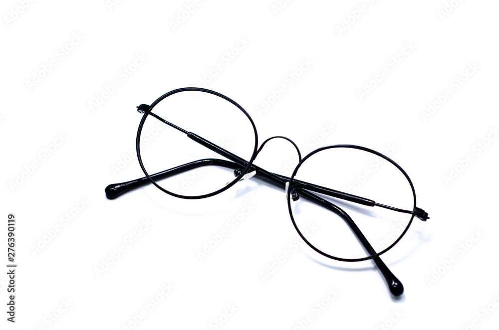Black frame glasses Placed isolated on a white background.Copy space. Black frame glasses Placed isolated on a white background.Copy space.