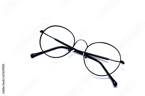 Black frame glasses Placed isolated on a white background.Copy space.