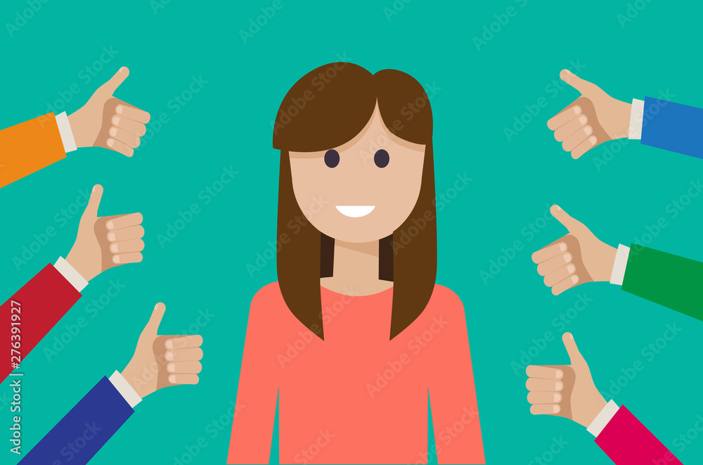 businesswoman surrounded by thumbs up gesturing hands, concept of public approval and respect, vector illustration
