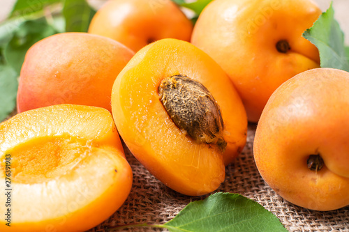 Organic ripe apricots macro view. photo