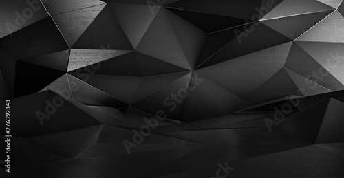 Abstract black futuristic polygonal shape of triangulated surface. Low poly crystal random pattern background. 3d rendering.