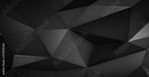 Abstract black futuristic polygonal shape of triangulated surface. Low poly crystal random pattern background. 3d rendering.