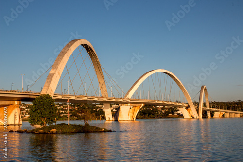 View of Ponte JK Jascelino Kubitschek Bridge in Brasilia, Brazil as the Sunsets