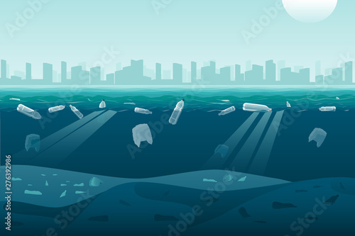 Plastic bottles and bags in the sea. Pollution of the World ocean by plastic waste. Vector illustration