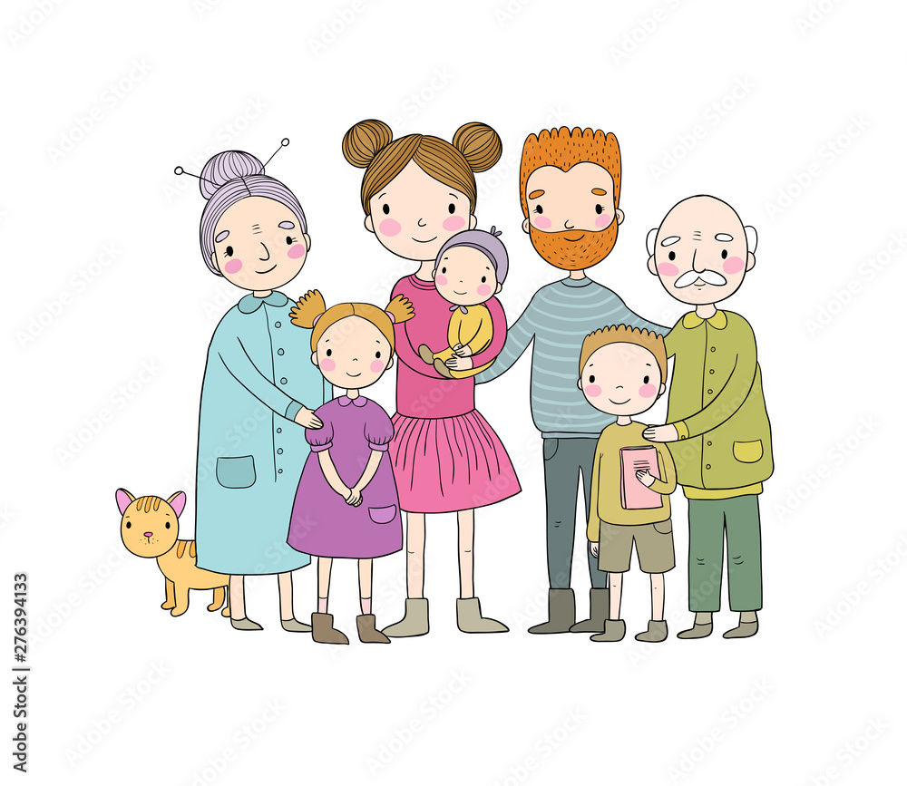 happy family. Parents with children. Cute cartoon dad, mom, daughter, son and baby. grandmother and grandfather. Funny pet cat - Vector happy family. Parents with children. Cute cartoon dad, mom, daughter, son and baby. grandmother and grandfather. Funny pet cat - Vector