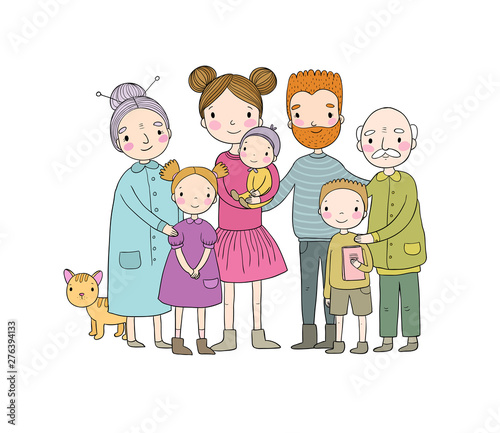 happy family. Parents with children. Cute cartoon dad, mom, daughter, son and baby. grandmother and grandfather. Funny pet cat - Vector