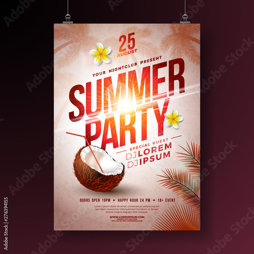 Vector Summer Party Flyer Design with Flower, Coconut and Tropical Palm Trees on Shiny Sunset Background. Summer Holiday Illustration with Exotic Plants and Typography Letter for Banner, Flyer