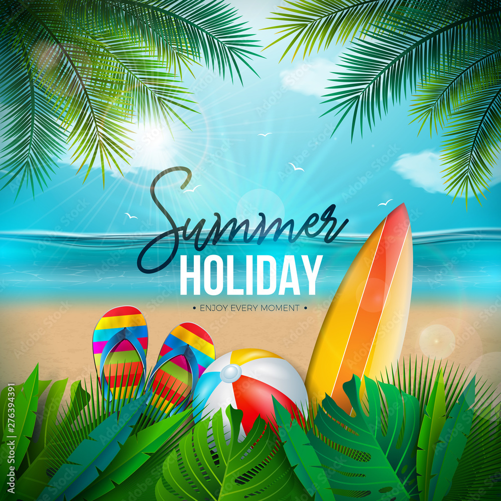 Vector Summer Holiday Illustration with Beach Ball, Palm Leaves, Surf Board and Typography Letter on Blue Ocean Landscape Background. Summer Vacation Design for Banner, Flyer, Invitation, Brochure - obrazy, fototapety, plakaty 