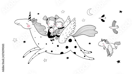 Cute cartoon boy and girl and unicorn