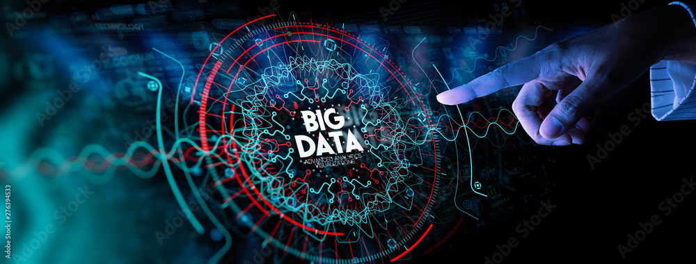 Big data in HUD and icon ui with hand selecting and pressing Big Data symbol and modern interface.