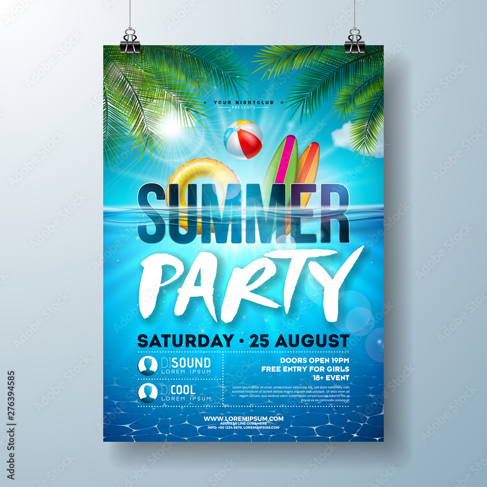 Summer pool party poster design template with palm leaves, water, beach ball and float on blue ocean landscape background. Vector holiday illustration for banner, flyer, invitation, poster. - obrazy, fototapety, plakaty 