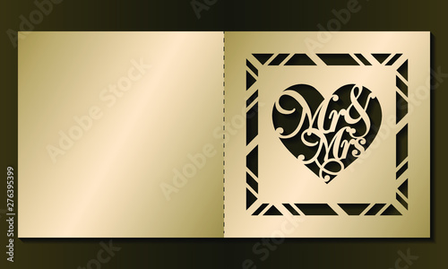 Laser cut template of wedding invitation. Square card with Mr, Mrs, ornate ornament. Gold vector illustration. Heart silhouette for Valentine's day. Panel for wood carving, paper cut, diecut pattern.