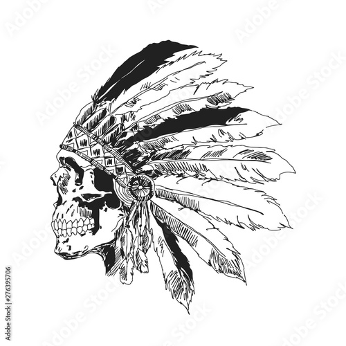 sketchy monochrome illustration of a skull in Naive American traditional headwear with feathers.