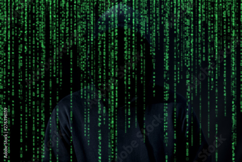 Fotografia Asian hacker in black hood on black background,Hack password,hacking safety syst