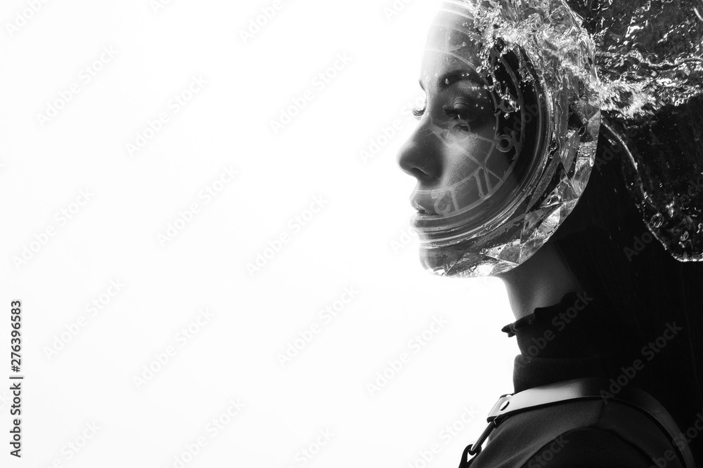 Double exposure of a female face, clock and water. Abstract black and white woman portrait. Digital art. Concept of life time.