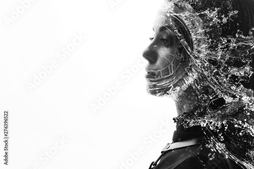 Double exposure of a female face, clock and water. Abstract black and white woman portrait. Digital art. Concept of life time.