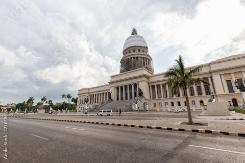 Beautiful view of El Capitolio in the Old Havana City, Capital of Cuba, during a vibrant cloudy day.