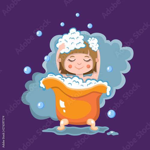 Young cute teenage girl takes bath sits in bath tub smiling, wash head by hands, surrounded by wet steam and soap bubbles. Colored cartoon flat style vector illustration on purple background for kids