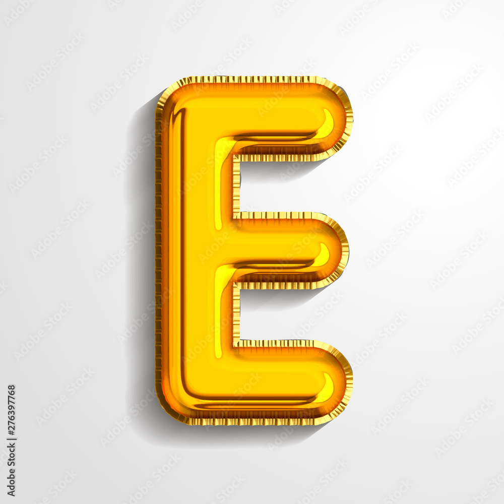 Gold metallic helium alphabet balloon foil letter E realistic 3d render air balloon. Collection of golden balloon alphabet Vector illustration. Gold metallic helium alphabet balloon foil letter E realistic 3d render air balloon. Collection of golden balloon alphabet Vector illustration.