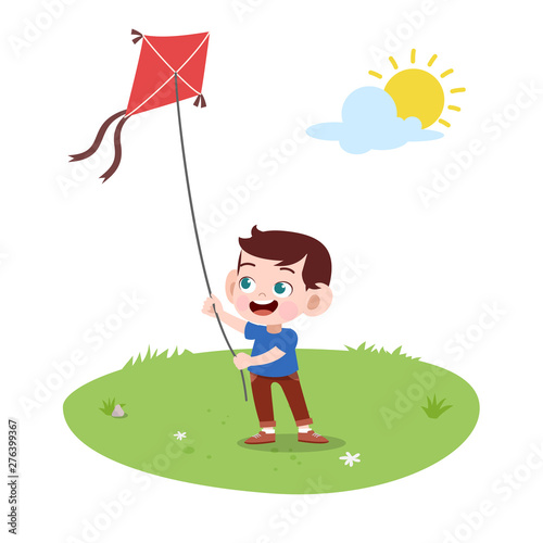 kid boy play kite illustration